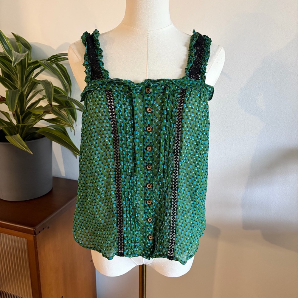 Anthropologie Green Sz 4 Bardot Crochet Tank Boho Lace Trim Cami Button Front